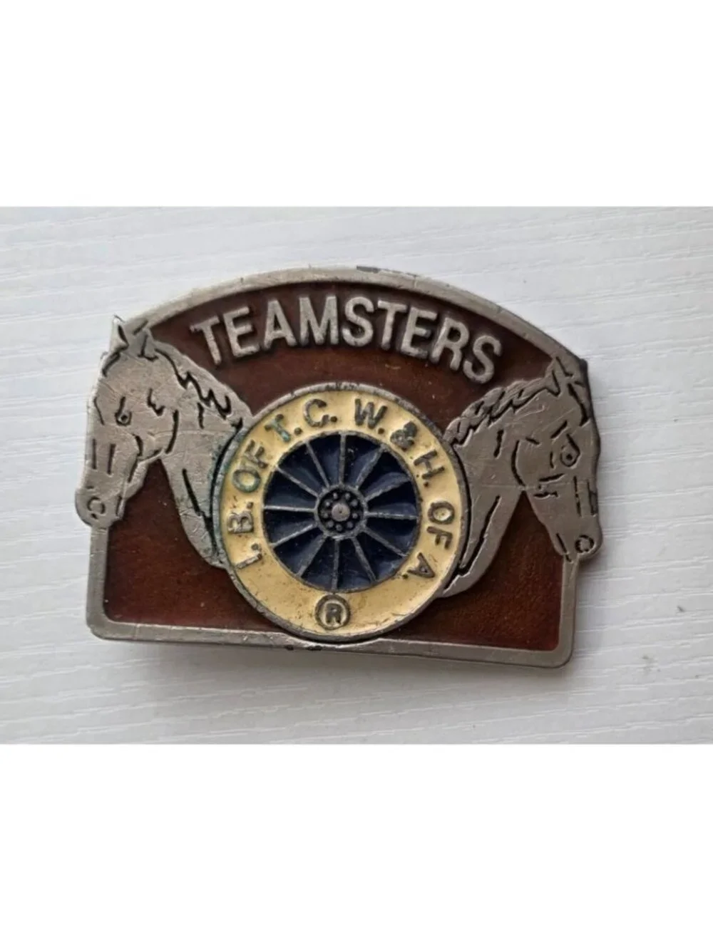 Vintage Teamsters Union Belt Buckle I.B. of T.C.W. & H. of A. Pewter Enamel #219